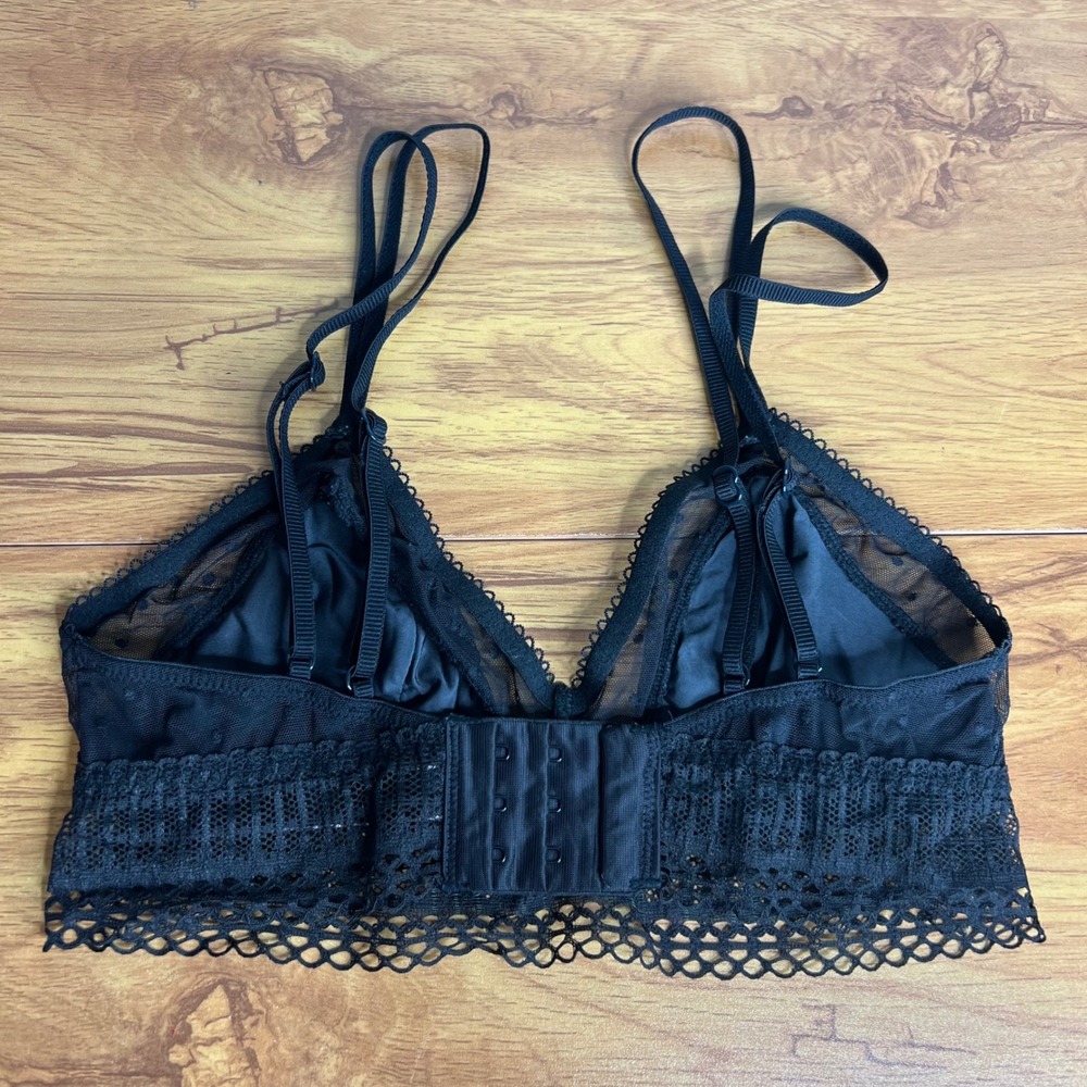 Victorias Secret Bralette XS Black Strappy Lace Swiss Dot Longline Triangle Bra - Picture 7 of 8